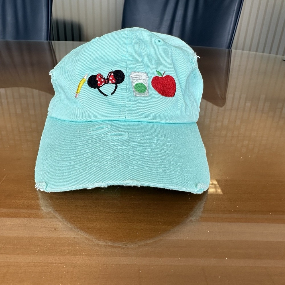 Disney Parks teal blue baseball cap Teacher Coffee Minnie Ears Distressed